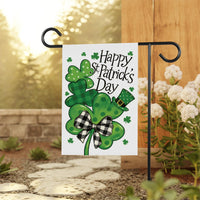 Happy St Patricks Day Shamrock Garden Flag, Plaid Clover Bow Yard Decor, Irish Spring Outdoor Decoration, Lucky Holiday Sign, St Paddys Flag