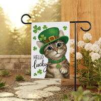 Lucky Cat St Patricks Day Garden Flag, Hello Lucky Kitty Yard Decor, Irish Clover Outdoor Decoration, Cute Spring Yard Sign, St Paddys Flag