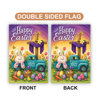 Happy Easter Bunny Truck Garden Flag, Cross and Tulips Yard Decor, Farm Fresh Eggs Outdoor Decoration, Christian Easter Sign, Spring Flag