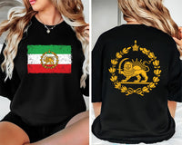 Lion and Sun Iran Sweatshirt, Persian Flag Graphic Shirt, Shir-o-Khorshid Emblem Tee, Iranian Heritage Sweatshirt, Patriotic Gifts, Front Back