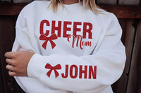 Glitter Cheer Mom Sweatshirt, Custom School Colors Shirt, Name on Sleeve Tee, Personalized Cheer Mom Shirt, Cheer Mom Hoodie, Front Sleeve