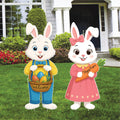 Easter Bunny Yard Sign Set, Boy & Girl Bunny Lawn Decorations with Welcome Basket and Happy Easter Carrot, Outdoor Yard Decor