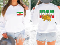 Lion and Sun Iran Sweatshirt, Persian Flag Graphic Shirt, Shir-o-Khorshid Emblem Tee, Iranian Heritage Sweatshirt, Patriotic Gifts, Front Back