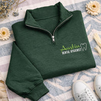 Embroidered Dental Hygienist Quarter Zip Sweatshirt, Personalized Name Zip Pullover, Hygienist Workwear Gift, Unisex Jacket
