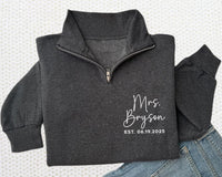 Personalized Mrs Quarter Zip Sweatshirt, Embroidered Bride Pullover, Wedding Day Jacket, Newlywed Gift, Unisex Zip Sweatshirt