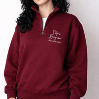 Personalized Mrs Quarter Zip Sweatshirt, Embroidered Bride Pullover, Wedding Day Jacket, Newlywed Gift, Unisex Zip Sweatshirt
