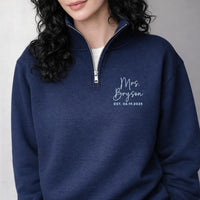Personalized Mrs Quarter Zip Sweatshirt, Embroidered Bride Pullover, Wedding Day Jacket, Newlywed Gift, Unisex Zip Sweatshirt