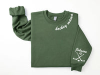 Personalized Hockey Mama Sweatshirt, Hockey Mama Crewneck Shirt, Custom Name Sleeve Tee, Hockey Hoodie for Mom, Hockey Gifts, Front Sleeve