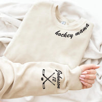 Personalized Hockey Mama Sweatshirt, Hockey Mama Crewneck Shirt, Custom Name Sleeve Tee, Hockey Hoodie for Mom, Hockey Gifts, Front Sleeve