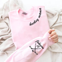Personalized Hockey Mama Sweatshirt, Hockey Mama Crewneck Shirt, Custom Name Sleeve Tee, Hockey Hoodie for Mom, Hockey Gifts, Front Sleeve