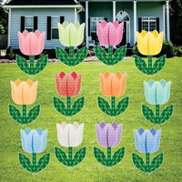 Easter Tulip Yard Sign Cutouts, Spring Flower Lawn Decorations, Outdoor Easter Yard Signs with Stakes for Front Yard