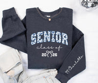 Custom Senior 2026 Sweatshirt, Personalized Class of 2026 Shirt, Coquette Senior 2026 Tee, Graduation Gift, Senior Mom Shirt, Front Sleeve