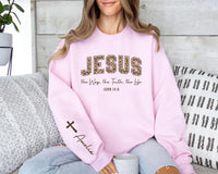 Custom Christian Jesus Sweatshirt, Leopard Print Bible Verse Shirt, Jesus Loves You Tee, The Way The Truth The Life Shirt, Front Sleeve