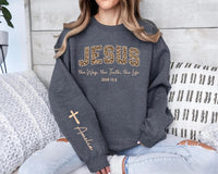 Custom Christian Jesus Sweatshirt, Leopard Print Bible Verse Shirt, Jesus Loves You Tee, The Way The Truth The Life Shirt, Front Sleeve