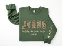 Custom Christian Jesus Sweatshirt, Leopard Print Bible Verse Shirt, Jesus Loves You Tee, The Way The Truth The Life Shirt, Front Sleeve