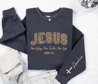Custom Christian Jesus Sweatshirt, Leopard Print Bible Verse Shirt, Jesus Loves You Tee, The Way The Truth The Life Shirt, Front Sleeve