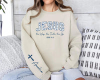 Custom Jesus Sweatshirt, John 14 6 Scripture Shirt, Yeshua Christian Tee, The Way The Truth The Life, Jesus Floral Shirt, Front Sleeve