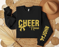 Glitter Cheer Mom Sweatshirt, Custom School Colors Shirt, Name on Sleeve Tee, Personalized Cheer Mom Shirt, Cheer Mom Hoodie, Front Sleeve