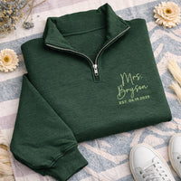 Personalized Mrs Quarter Zip Sweatshirt, Embroidered Bride Pullover, Wedding Day Jacket, Newlywed Gift, Unisex Zip Sweatshirt
