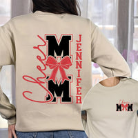 Personalized Cheer Mom Sweatshirt, Bow and Name Cheer Shirt, Custom Spirit Crewneck Tee, Cheerleading Game Day Shirt, Front Back Design