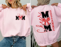 Personalized Cheer Mom Sweatshirt, Bow and Name Cheer Shirt, Custom Spirit Crewneck Tee, Cheerleading Game Day Shirt, Front Back Design