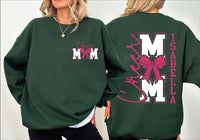 Personalized Cheer Mom Sweatshirt, Bow and Name Cheer Shirt, Custom Spirit Crewneck Tee, Cheerleading Game Day Shirt, Front Back Design