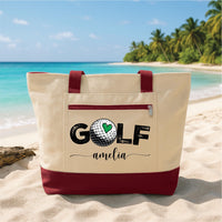 Custom Tote Bag with Zipper, Personalized Golf Tote, Custom Name Golf Lover Gift, Women’s Golf Canvas Bag, Beach Travel Sports Tote