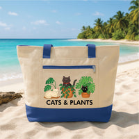 Cats and Plants Tote Bag with Zipper, Cat Lover Canvas Tote, Plant Lover Gift, Cute Cat Tote Bag, Cat Mom Gift, Two Tone Tote