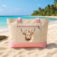 Highland Cow Tote Bag with Zipper, Cute Cow Canvas Tote, Farm Animal Tote Bag, Country Cow Gift, Rustic Western Tote, Cow Lover Gift