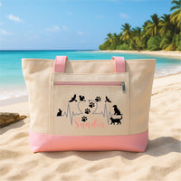 Custom Pet Lover Tote Bag with Zipper, Personalized Dog Cat Name Canvas Bag, Animal Heartbeat Tote, Veterinary Gift, Beach Travel Bag