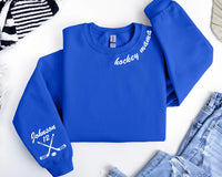 Personalized Hockey Mama Sweatshirt, Hockey Mama Crewneck Shirt, Custom Name Sleeve Tee, Hockey Hoodie for Mom, Hockey Gifts, Front Sleeve