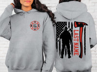Custom Last Name Firefighter Sweatshirt, Personalized Fire Department Shirt, Firefighter Family Tee, Firehouse Pride Shirt, Front Back