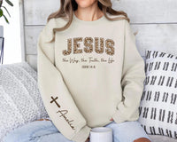Custom Christian Jesus Sweatshirt, Leopard Print Bible Verse Shirt, Jesus Loves You Tee, The Way The Truth The Life Shirt, Front Sleeve