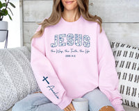 Custom Jesus Sweatshirt, John 14 6 Scripture Shirt, Yeshua Christian Tee, The Way The Truth The Life, Jesus Floral Shirt, Front Sleeve