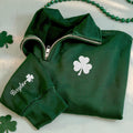 Embroidered Shamrock Quarter Zip Sweatshirt, Personalized St Patricks Day Clover Pullover, Custom Name Irish Gift for Her or Him