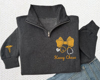 Custom Nurse Bow Quarter Zip Sweatshirt, Embroidered RN Stethoscope Pullover, Personalized Women’s Nurse Quarter Zip Gift