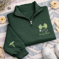 Custom Nurse Bow Quarter Zip Sweatshirt, Embroidered RN Stethoscope Pullover, Personalized Women’s Nurse Quarter Zip Gift