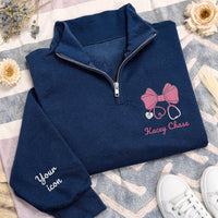Custom Nurse Bow Quarter Zip Sweatshirt, Embroidered RN Stethoscope Pullover, Personalized Women’s Nurse Quarter Zip Gift