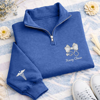 Custom Nurse Bow Quarter Zip Sweatshirt, Embroidered RN Stethoscope Pullover, Personalized Women’s Nurse Quarter Zip Gift