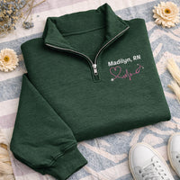 Monogram Nurse Embroidered Quarter Zip Sweatshirt, Heartbeat Nurse Pullover, Nurse Graduation Gift, RN BSN CNA Lpn Zip Sweater