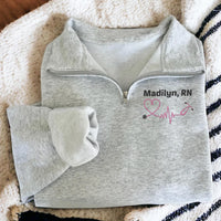 Monogram Nurse Embroidered Quarter Zip Sweatshirt, Heartbeat Nurse Pullover, Nurse Graduation Gift, RN BSN CNA Lpn Zip Sweater