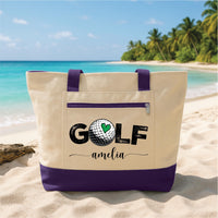 Custom Tote Bag with Zipper, Personalized Golf Tote, Custom Name Golf Lover Gift, Women’s Golf Canvas Bag, Beach Travel Sports Tote