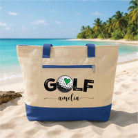 Custom Tote Bag with Zipper, Personalized Golf Tote, Custom Name Golf Lover Gift, Women’s Golf Canvas Bag, Beach Travel Sports Tote