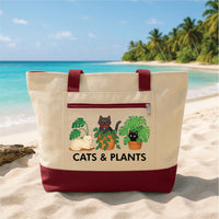 Cats and Plants Tote Bag with Zipper, Cat Lover Canvas Tote, Plant Lover Gift, Cute Cat Tote Bag, Cat Mom Gift, Two Tone Tote