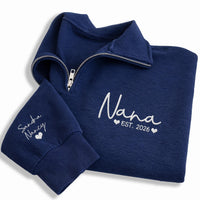 Custom Nana Embroidered Quarter Zip Sweatshirt, Personalized Nana EST Pullover, Christmas Gift for Grandma Nana Mimi New Grandma