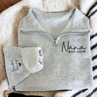 Custom Nana Embroidered Quarter Zip Sweatshirt, Personalized Nana EST Pullover, Christmas Gift for Grandma Nana Mimi New Grandma
