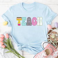 Neon Checkered Teach Shirt, Teacher Back to School Shirt, Neon Distressed Teach Tee, Coquette Teacher Shirt, Gifts for Teachers