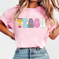 Neon Checkered Teach Shirt, Teacher Back to School Shirt, Neon Distressed Teach Tee, Coquette Teacher Shirt, Gifts for Teachers