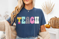 Neon Checkered Teach Shirt, Teacher Back to School Shirt, Neon Distressed Teach Tee, Coquette Teacher Shirt, Gifts for Teachers