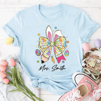 Personalized Teacher Easter Bunny Sweatshirt, Easter Teacher Shirt, Teacher Pencil Coquette Bunny Tee, Hoppy Teacher Easter Shirt